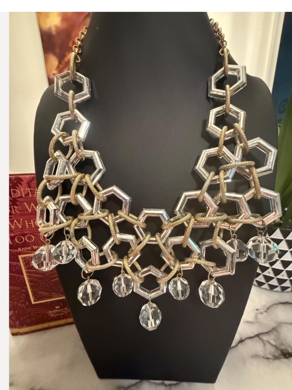 1960s Hexagon Bib Necklace With Dangle Drops